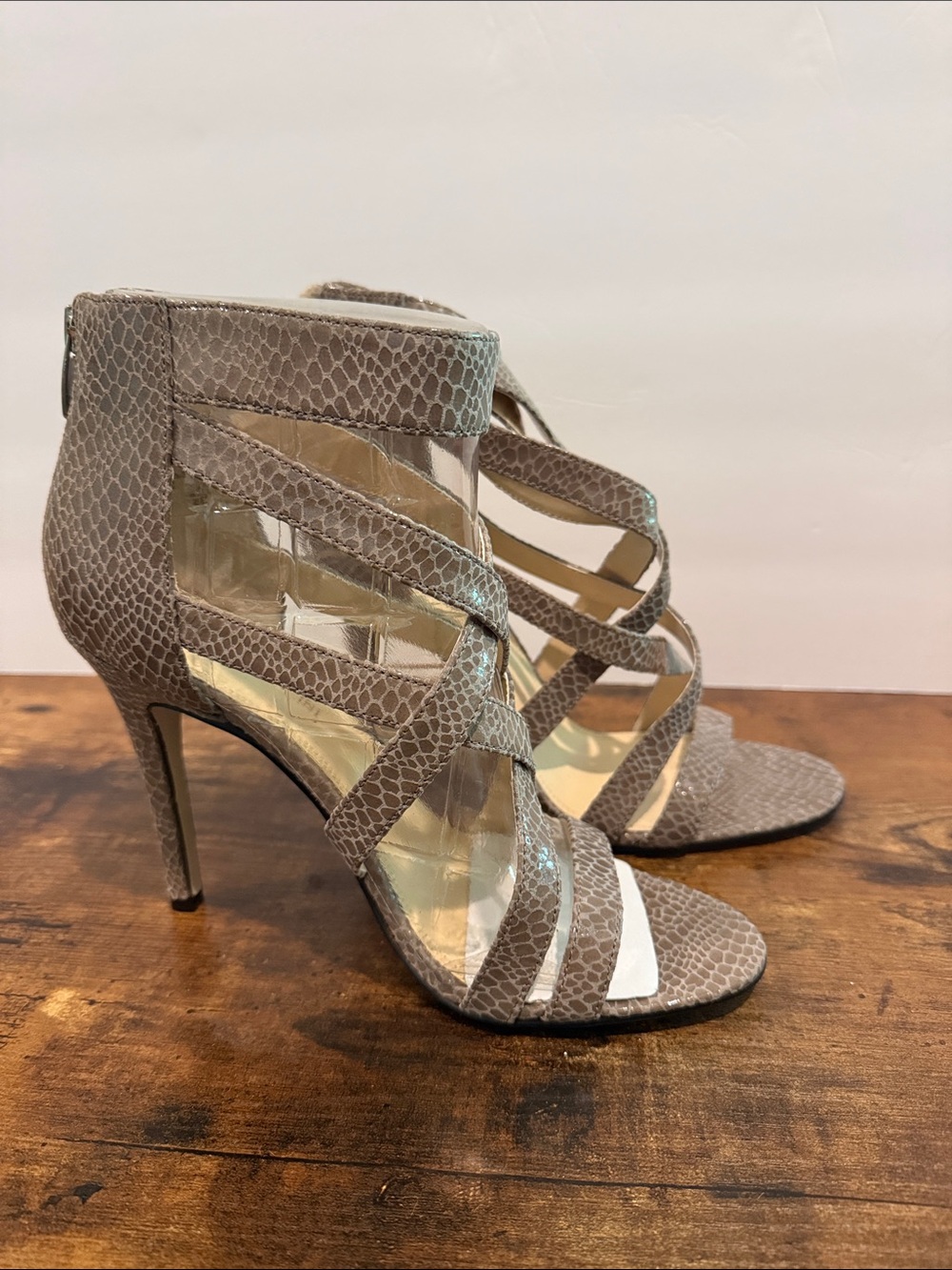 Enzo Angiolini Taupe Snake-Print Strappy Stiletto Sandals